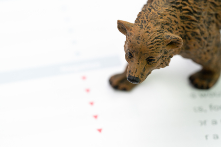 Investment bear market concept, bear figure standing on financial report with red arrow pointing dow as price going down, low buy and high sell volume in stock or equity exchange market.の写真素材