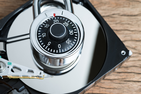 Digital cyber safety or security encryption concept, combination lock pad with code numbers on...