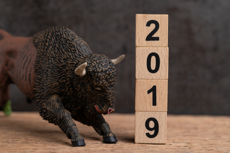 Year 2019 financial or investment stock bull market concept with bull figure with stack of cube block with year number 2019 on wooden table with dark chalkboard background.の写真素材