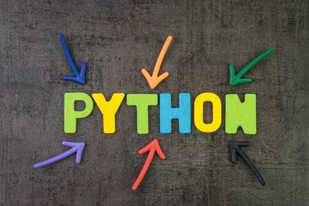 Python modern programming language for software development or application concept, multi color arrows pointing to the word Python at the center of black cement chalkboard wall.の写真素材