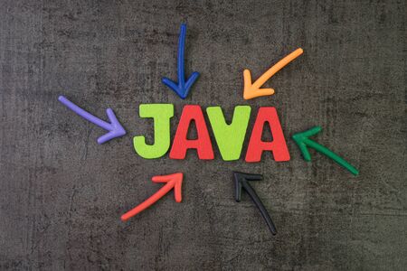 JAVA modern programming language for software development or application concept, multi color arrows pointing to the word JAVA at the center of black cement chalkboard wall.の写真素材