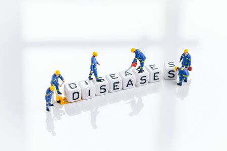 Coronavirus flu treatment, illness from virus or medical and healthcare concept, miniature people...