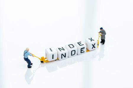 Index fund, passively mutual fund to tracking broad based diversify all companies in stock market concept, miniature people using forklift pulling block building the word Index on white background.の写真素材