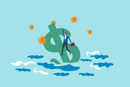 America jobless and unemployment crisis from COVID-19 Coronavirus or recession economy and financial crash concept, jobless businessman holding US Dollar sign sinking into ocean with virus pathogen.のイラスト素材