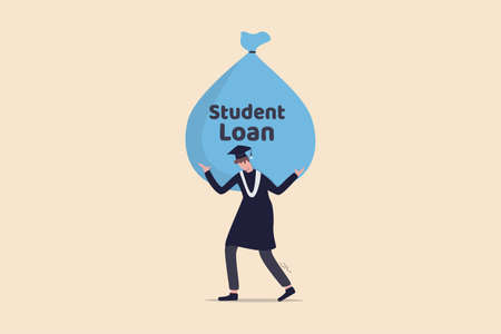 Student loan, saving for school, university or college study cost concept, graduated student wearing graduation ceremony suit holding heavy expensive student loan money bag.のイラスト素材