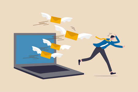 Email overload too many junk mails that reduce efficiency and productivity in work and time management concept, businessman office guy run away from overload flying mail letter from computer laptop.のイラスト素材