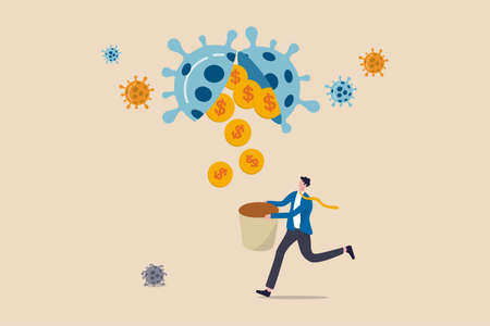 Business opportunity or bargain stock investment in Coronavirus COVID-19 crisis or economic recession concept, investor or business owner holding basket to get gold coin money from virus pathogen.のイラスト素材