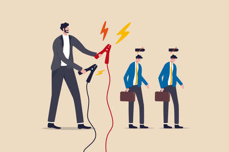 Employee recharge to boost productivity, boost energy to work or recharge after long time Coronavirus quarantine concept, manager holding huge charging cable ready to charge low battery employees.のイラスト素材