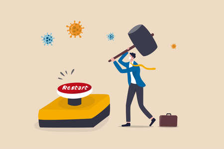 Restart business after Coronavirus COVID-19 lockdown, reopen company employee return to normal operation concept, businessman leader wearing face mask use huge hammer to hit emergency restart button.のイラスト素材