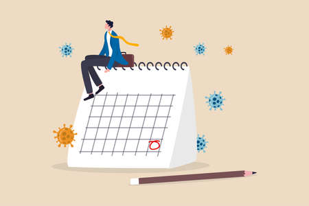 Coronavirus COVID-19 quarantine schedule calendar, plan for reopen business after COVID-19 lockdown concept, businessman business owner sitting on desktop calendar thinking about plan after lockdown.のイラスト素材