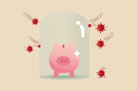 Financial or investment immune to COVID-19 Coronavirus crisis or savings and insurance in pandemic concept, healthy pink piggy bank happy standing in cover glass protect and immune from Coronavirus.のイラスト素材