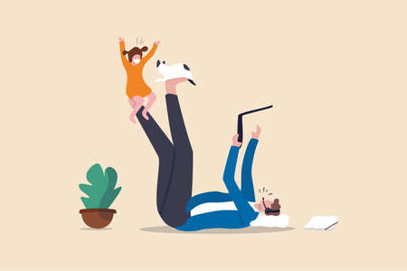 Work from home due to Coronavirus COVID-19 pandemic concept, businessman lay down working at home using laptop and headset for conference call meeting and take care his daughter child playing with catのイラスト素材