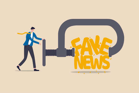 Stop fake news and misinformation spreading on internet and media concept, businessman leader squeezing and destroy the word fake news.のイラスト素材