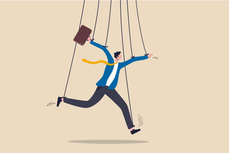 Business management, people manipulation or power to dominate actions concept, fake businessman pretending to be smart with rope or string as puppeteer doll controlled or influence by power boss.のイラスト素材
