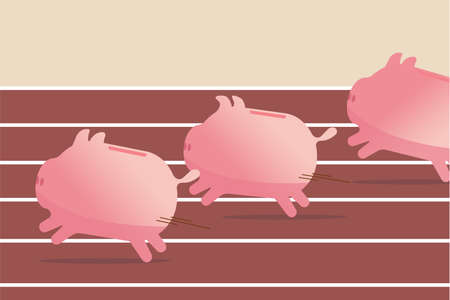 Mutual funds, stock investment performance or savings, business profit concept, pink piggy banks running fast to reach target, they compete on race track and field path to win the finance money game.のイラスト素材