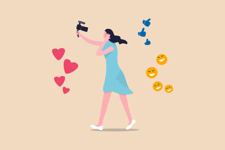 Blogger, vlog, influencer new digital age people broadcast or record their lifestyle to promote story on social media concept, beautiful young lady girl holding camera with love, like and happy sign.のイラスト素材