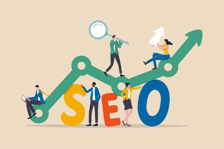 SEO, Search Engine Optimization for website to show in search result page concept, professional people holding magnifying glass, mouse pointer or using laptop sit on analytics graph on the word SEO.のイラスト素材