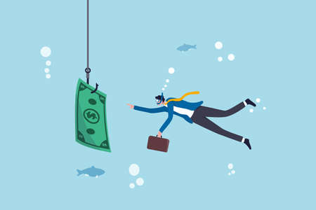 Investment risk or money trap, business fraud and cheating or financial pitfall and mistake concept, businessman diving into business ocean takes a bait to the hook fishing with money dollar banknote.のイラスト素材
