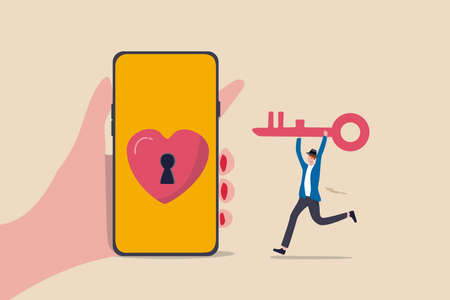 Dating apps, online dating using internet and social media to find romantic relationship concept, young adult millennial boy holding lovely key running to smart phone app with heart shape and keyhole.のイラスト素材