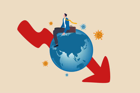 Global economic recession, COVID-19 Coronavirus pandemic causing world great depression concept, depressed poor businessman sitting on sickness globe with red arrow down chart with virus pathogen.のイラスト素材