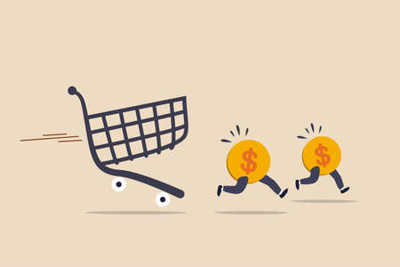 Over spending, consumerism or payment for expensive shopping cost causing debt and financial problem concept, dollar money coins running away from aggressive hunting creditor shopping cart or trolley.のイラスト素材