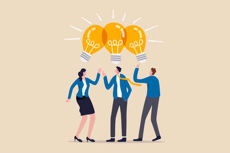 Sharing business ideas, collaboration meeting, sharing knowledge, teamwork or people thinking the same idea concept, smart thinking businessmen people office workers team up share lightbulb lamp idea.のイラスト素材