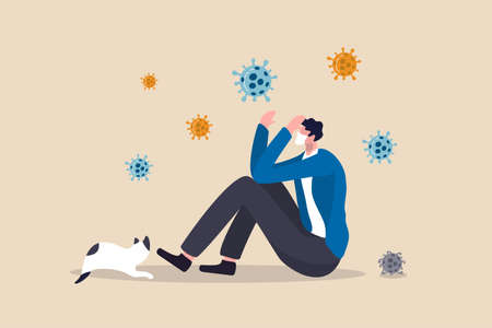 Coronavirus pandemic fatigue, exhausted from being alone or stressed from COVID-19 quarantine lockdown for long time concept, fatigue depressed man sitting sadly alone with cat in his quarantine home.のイラスト素材
