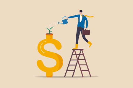 Growth investment, saving and financial prosperity, money increase or profit from growing business concept, businessman investor watering sprout or seedling plant growing from golden dollar sign.のイラスト素材