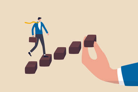 Helping hand to support on career development, staircase or ladder of success concept, confidence businessman in suit walking with ambition on wooden stair with human hand help make rising stairway.のイラスト素材