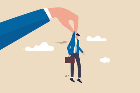 Company lay off employees due to Coronavirus COVID-19 pandemic causing economic recession concept, big boss employer's hand holding being fired businessman jobless employee to drop him out off office.のイラスト素材