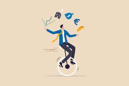 Financial advisor, professional investment expertise concept, smart businessman investor juggling finance asset, real estate, currency, gold, saving and stock market graph riding unicycle one wheel.のイラスト素材