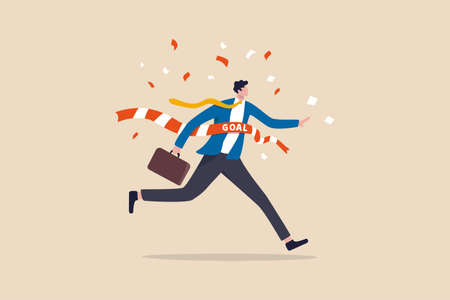 Business winner reaching goal, success celebration, career path or glory to finish working project concept, joyful smart businessman worker running reaching goal at the finishing line as first winner.のイラスト素材