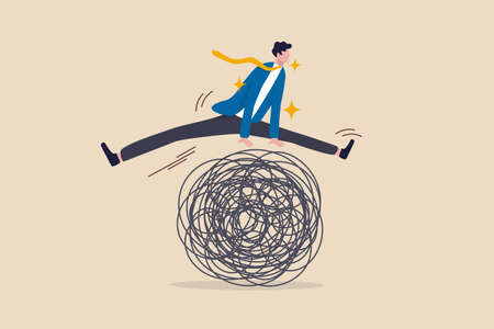 Avoid business trouble risk, smart thinking to overcome difficulty obstacle or emotional problem, solving problem concept, smart superpower businessman jump pass trouble metaphor of business crisis.のイラスト素材