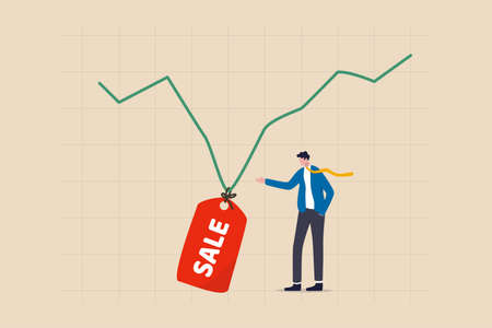 Stock market is on sale when market plunge in economic crisis, buy point to make profit in long run concept, businessman investor expertise pointing at lowest with sale price tag on stock market graphのイラスト素材
