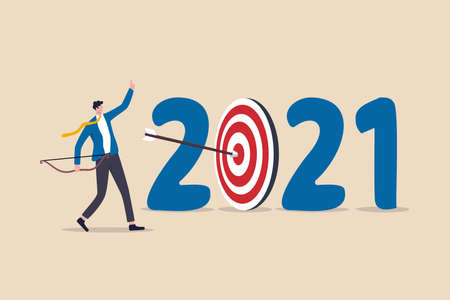 New year 2021 resolution, business strategy plan and goal achievement, financial target for calendar year concept, confidence businessman leader shot archer arrow hitting bull eyes of target year 2021のイラスト素材