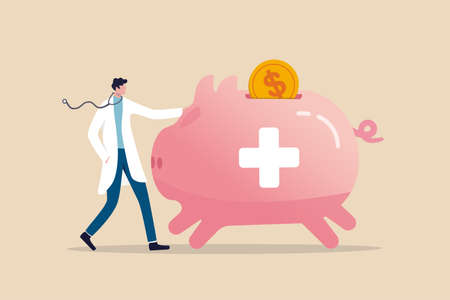 Health saving account, HSA, financial plan saving for medical expense or medicare cost and benefits concept, doctor with stethoscope standing with huge pink piggy bank or coin bank with medical sign.のイラスト素材