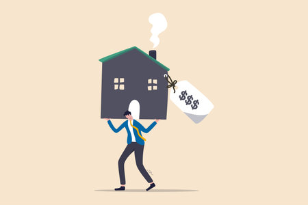Overpay in real estate and house mortgage, too much invest or expense to pay for debt and loan in economic crisis concept, tried depressed office worker man carrying house with expensive price tag.のイラスト素材
