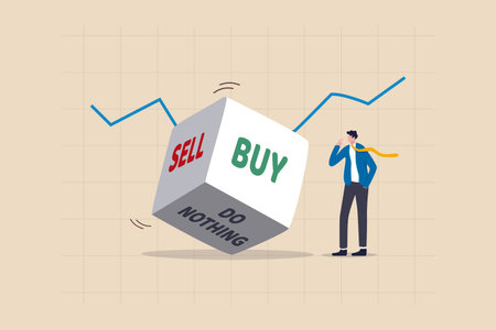 Investment decision in volatile stock market, risk assessment to hold and do nothing, sell or buy concept, rolling dice with the word buy, sell and do nothing with thinking investor on chart and graphのイラスト素材