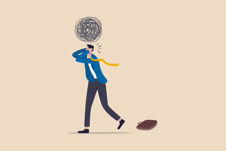 Stress at work, exhausted from overworked and too many problems or frustrated and paranoia office worker concept, hopelessness frustrated businessman employee with anxiety busy line over his head.のイラスト素材