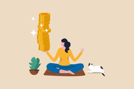 Passive income getting money while doing nothing, financial independence retire early, being wealthy by passive investing concept, young woman sitting relax getting stack of money coins in her hand.のイラスト素材