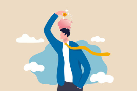 Pay yourself first, invest in yourself, take money for personal savings before pay for debt or buy and spending concept, smart young adult man putting money dollar coins into piggy bank on his head.のイラスト素材