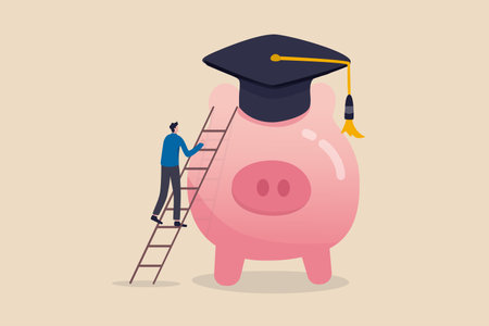 Education fund, cost and expense in books, course study, saving money to achieve degree and graduation concept, young student climbing the ladder to reach piggy bank wearing university graduation hat.のイラスト素材