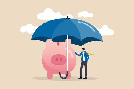 Insurance and finance saving protection in economy crisis, safety investment or all weather portfolio concept, confidence businessman investor with his piggy bank safety money covered by big umbrella.のイラスト素材
