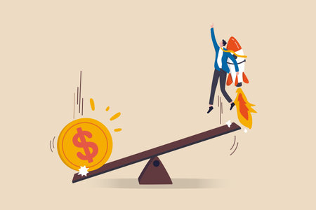 Economic stimulus money, central bank inject money to boost business and recover from Coronavirus COVID-19 crisis, big money dollar coin fall on seesaw to boost other side businessman with rocket.のイラスト素材