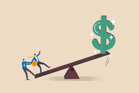 Leverage investing, investor borrow money or stock to increase potential return concept, businessmen investor borrow money coin from other to use to leverage the seesaw to gain big dollar money sign.のイラスト素材