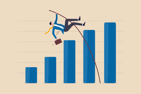 Business growth, improvement or high percentage increase of earning and profit, financial achievement after economic recovery concept, businessman jumping pole vault over growth bar graph.のイラスト素材