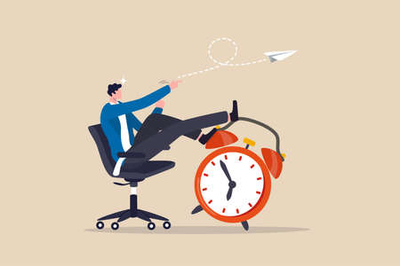 Productivity and efficiency in work, procrastination or time management or project deadline, best performance employee concept, smart relax businessman sitting on alarm clock launching paper airplane.のイラスト素材