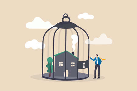 Mortgage payment problem, housing debt in economic crisis concept, worried house owner businessman standing with his house inside locked bird cage.のイラスト素材