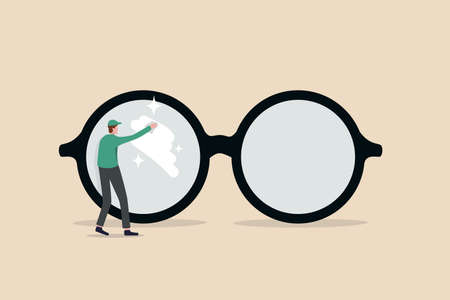 Clear business vision, see through lenses in details or clean and clear business outlook concept, miniature worker cleaning huge eyeglass lenses for owner to get clear vision.のイラスト素材