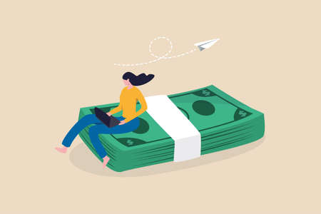 Online business making money, salary or multi income stream, side hustle or side gig earning, investment return concept, young woman working with computer laptop sitting on heap of dollar banknotes.のイラスト素材